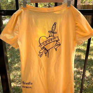 Upcycled Handpainted yellow T-shirt. The strongest hearts have the most scars.
